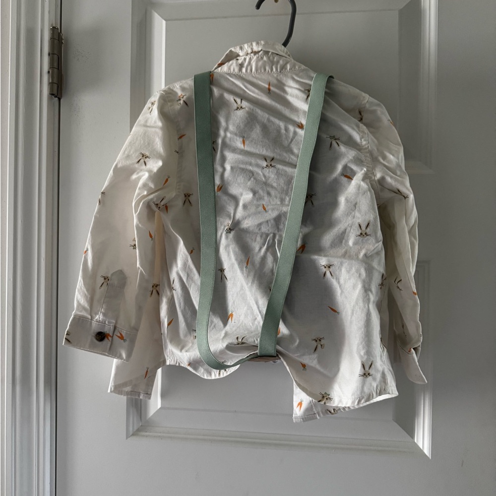 White Shirt with Green Suspenders